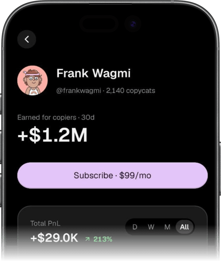 The Copycat app's profile for Frank Wagmi: what he earned for his copiers, a button to subscribe for a monthly price, and his total PnL.